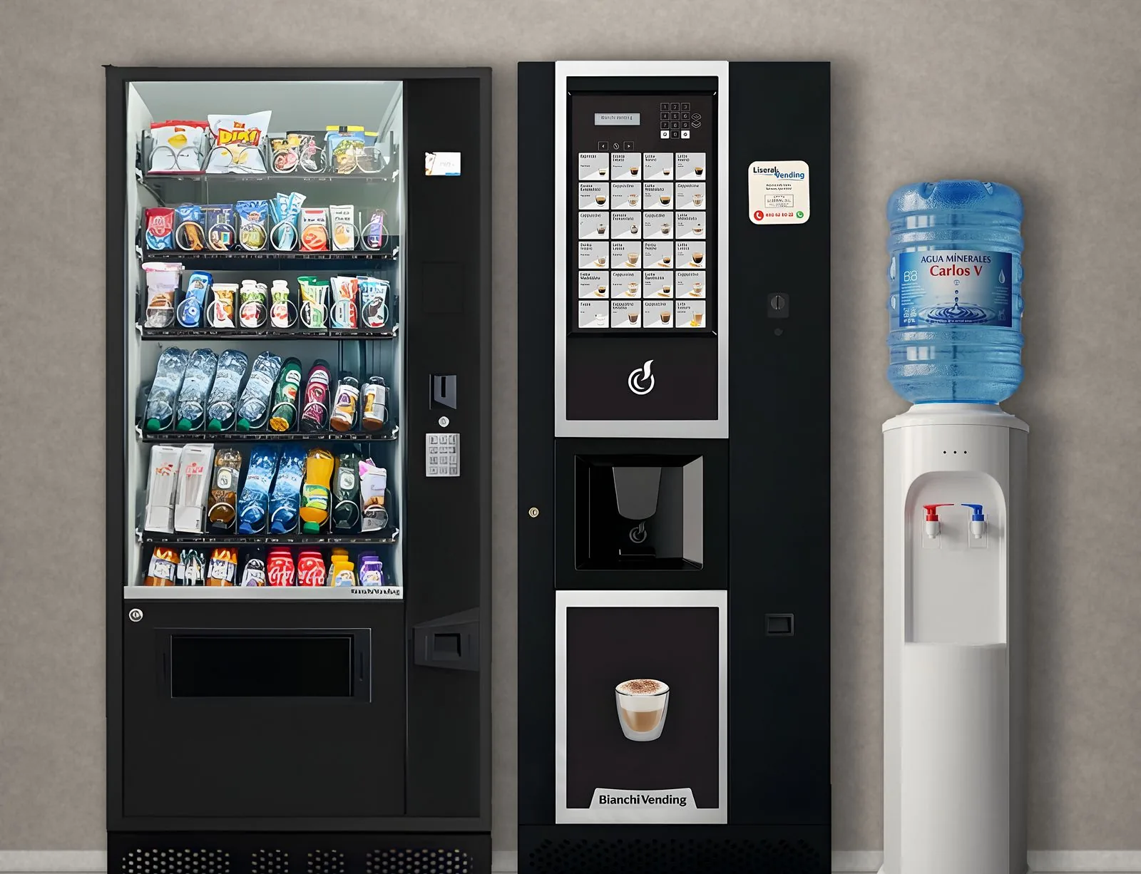 Máquinas de vending de snacks y café junto a un dispensador de agua Carlos&nbsp;V en una oficina