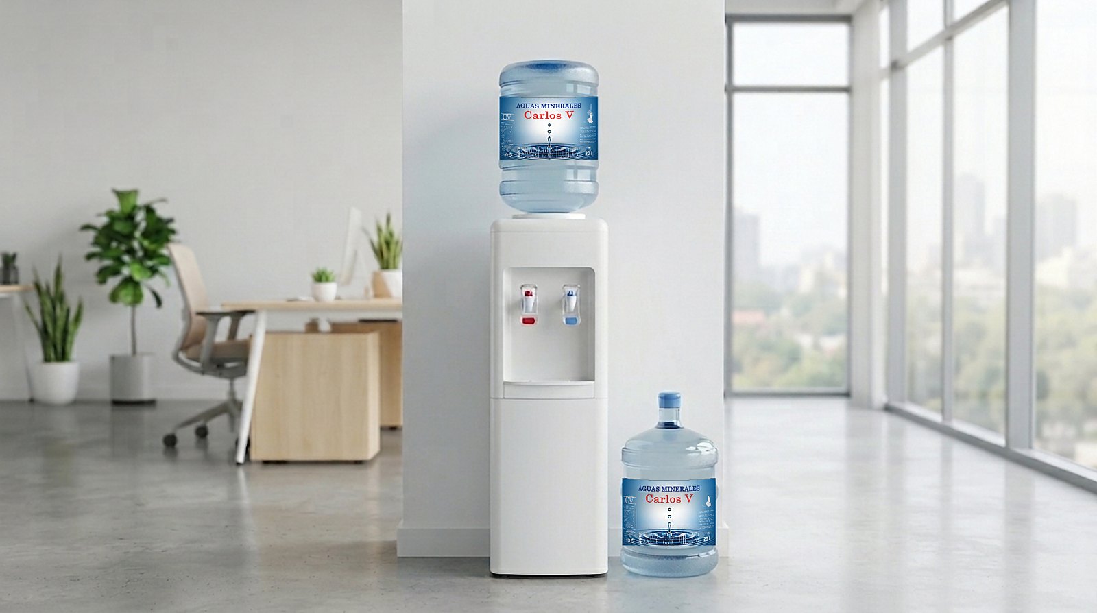 Alquiler de fuente de agua para oficina: fuente de frío y calor con garrafa de agua mineral Carlos V
