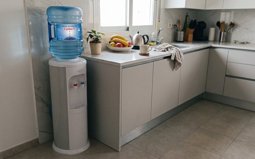 Agua a domicilio en Madrid: fuente de frío y calor con garrafa de agua mineral Carlos V en la cocina de una casa