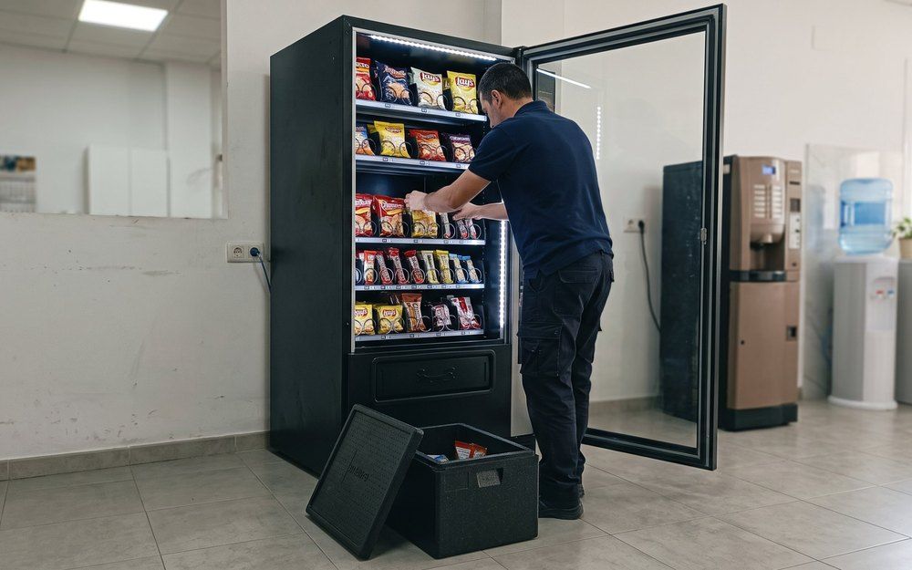 Proveedor de vending para empresas: técnico de Liseral reponiendo una máquina de snacks en la sala de descanso de una empresa