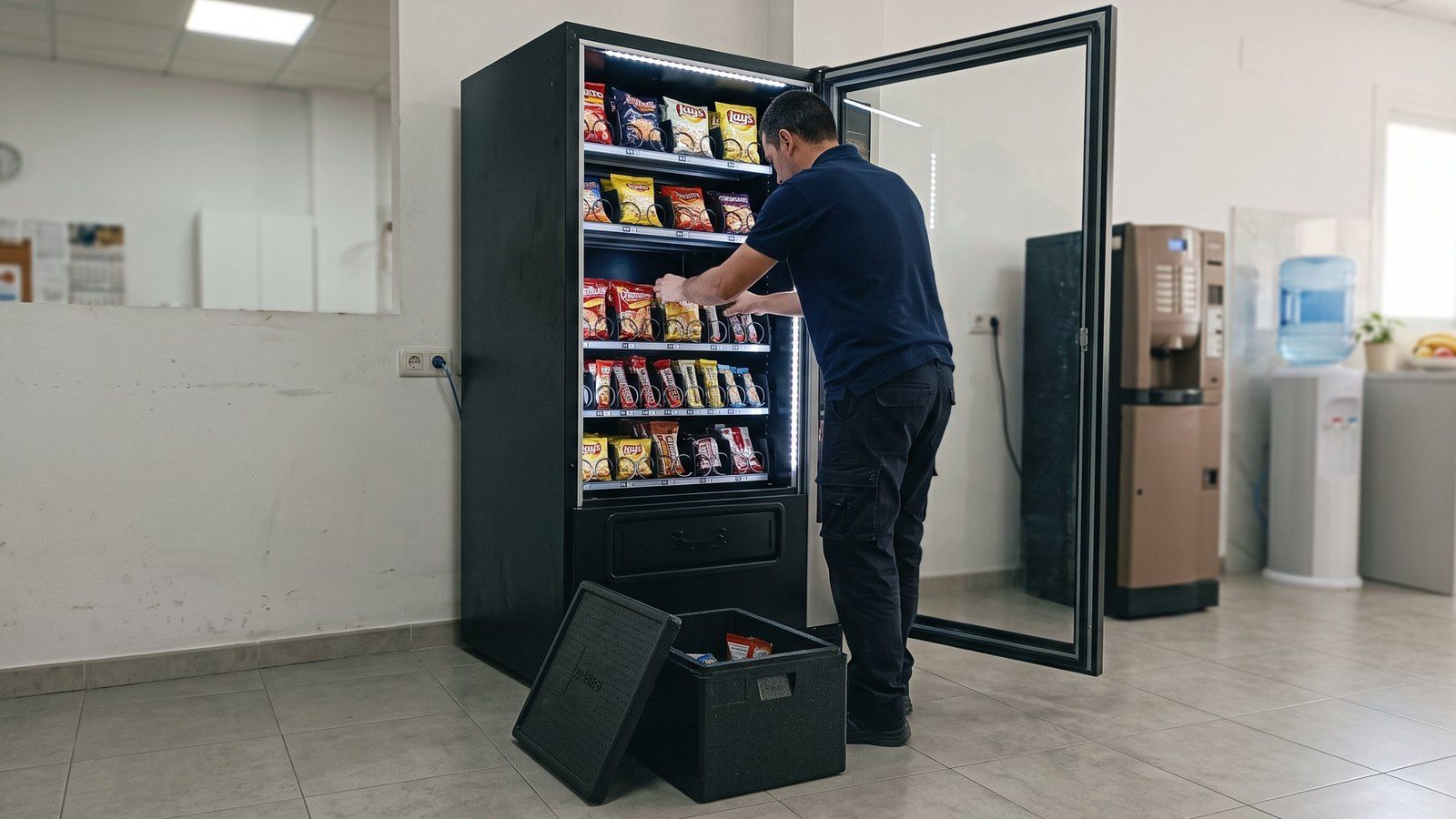 Proveedor de vending para empresas: técnico de Liseral reponiendo una máquina de snacks en la sala de descanso de una empresa