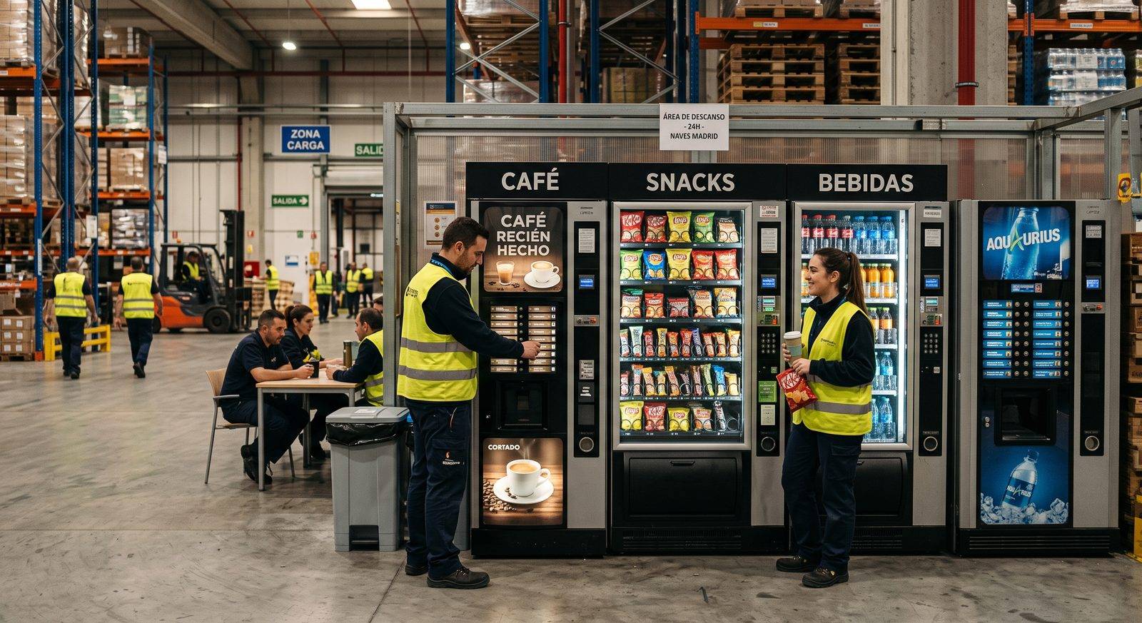 Área de descanso de una nave logística en Madrid con máquinas de vending de café, snacks y bebidas