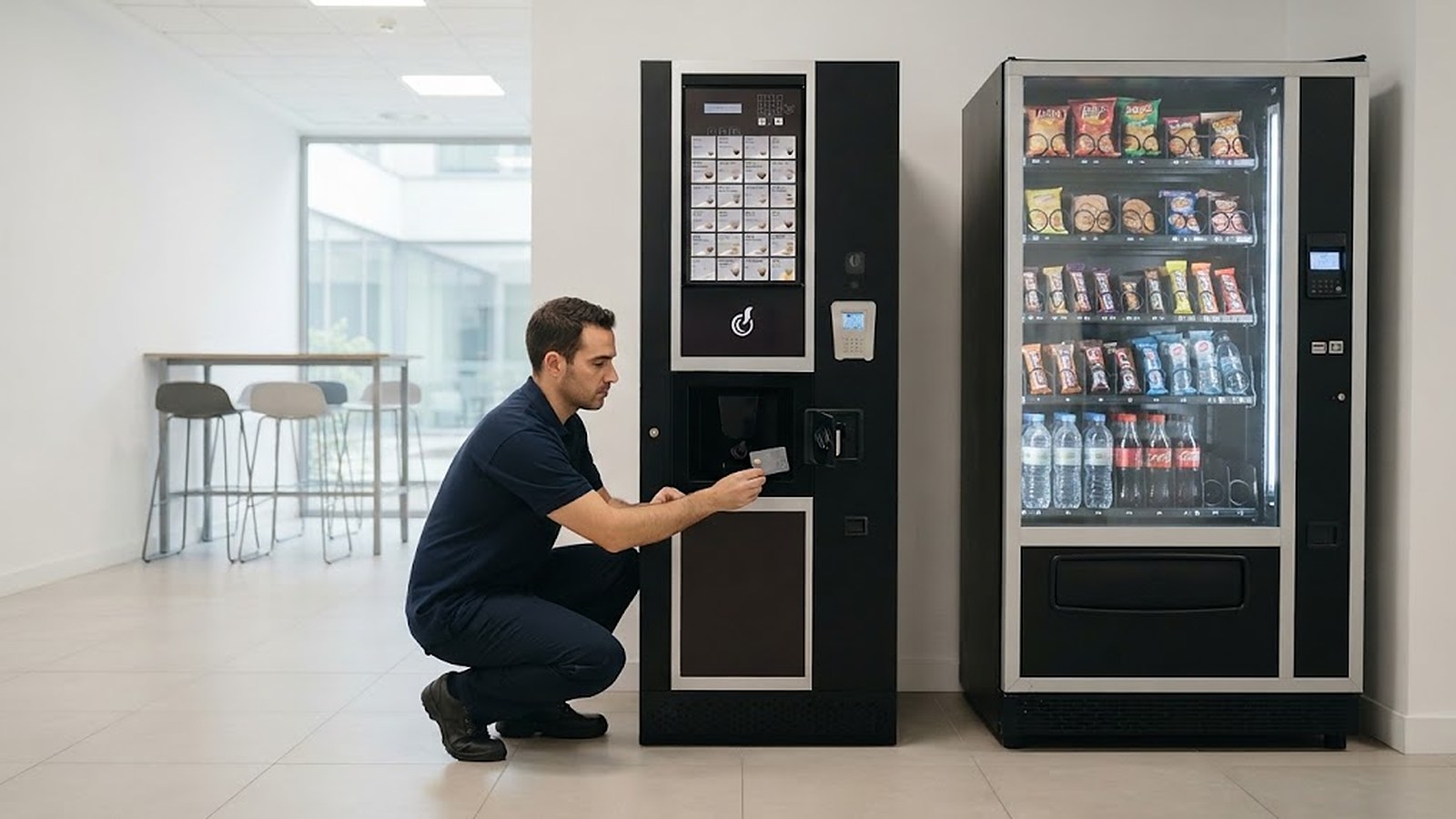 Vending sin coste para empresas: máquina de snacks y bebidas y máquina de café en grano instaladas en la zona de descanso de una empresa